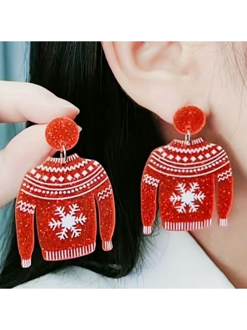 CHRISTMAS Snowflake Sweater Design Red Acrylic Pierced Earrings Retro